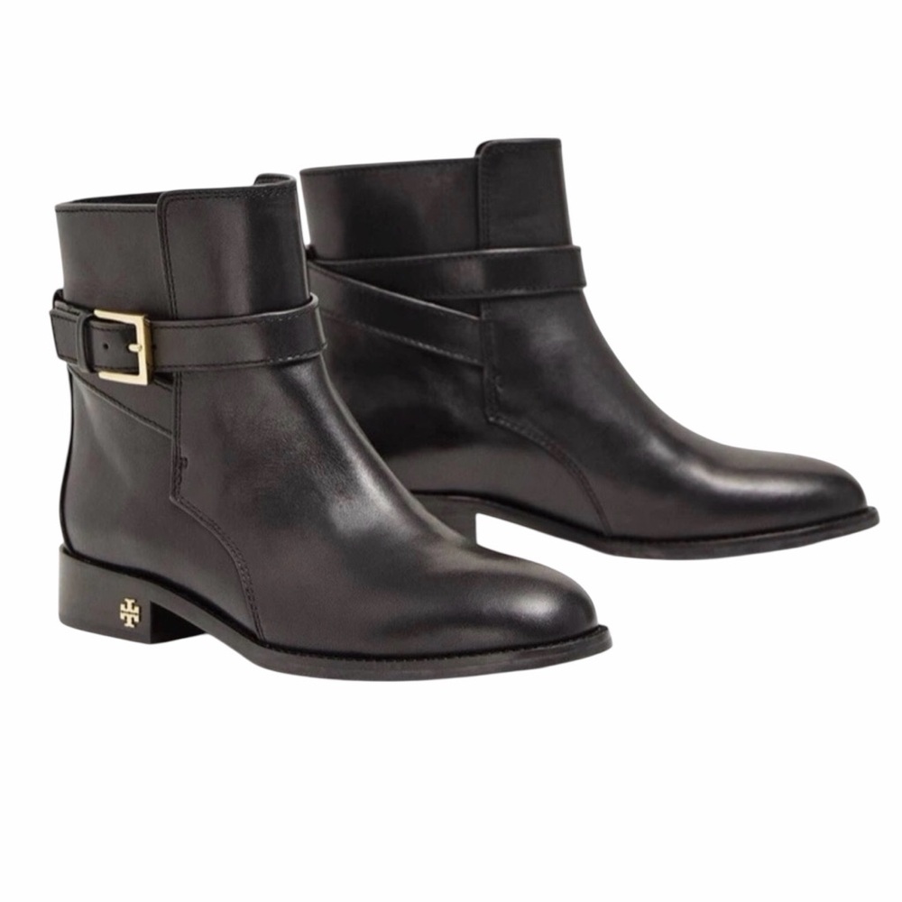 Tory Burch Black Ankle Booties with Gold Buckle